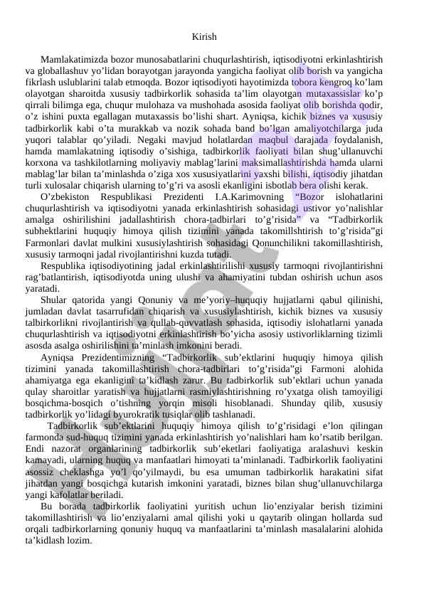 Bozor iqtisodiyoti va xususiy tadbirkorlik ta'limi