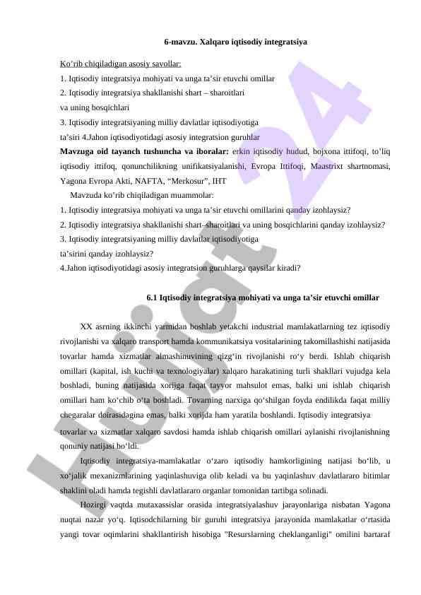 Xalqaro iqtisodiy integratsiya va ta’sir etuvchi omillar