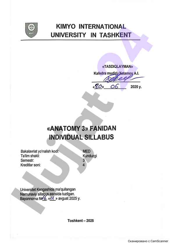 Anatomiya fani dasturi bo‘yicha o‘quv materiallari