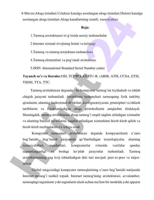 Aloqa tizimlari va tarmoq arxitekturasi