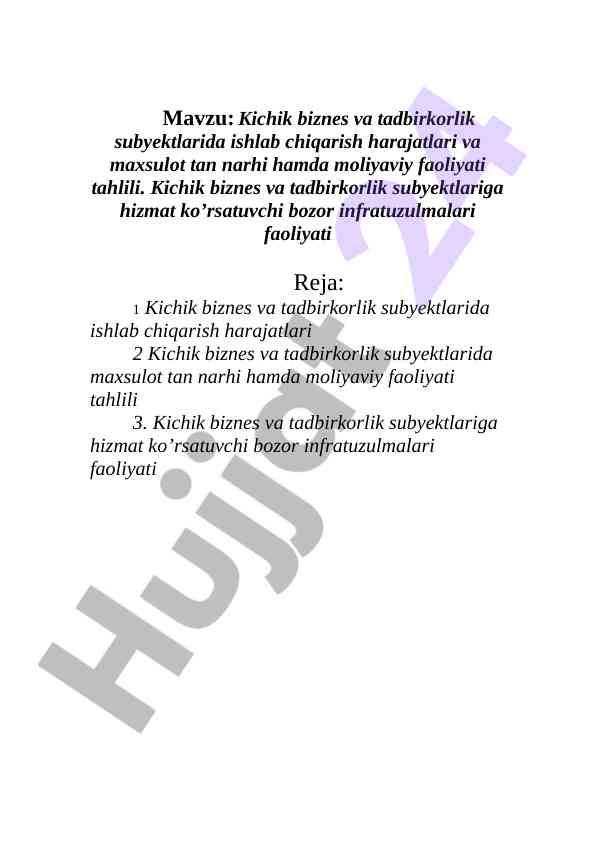 Kichik biznes va tadbirkorlik faoliyatini tahlili