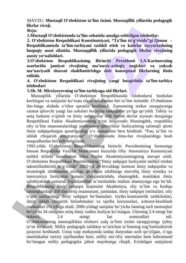 Mustaqil o‘zbekiston ta’lim tizimidagi islohotlar