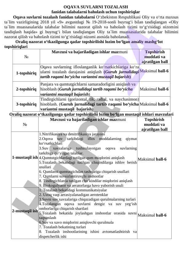 Oqava suvlarni tozalash fanidan talabalar baholash