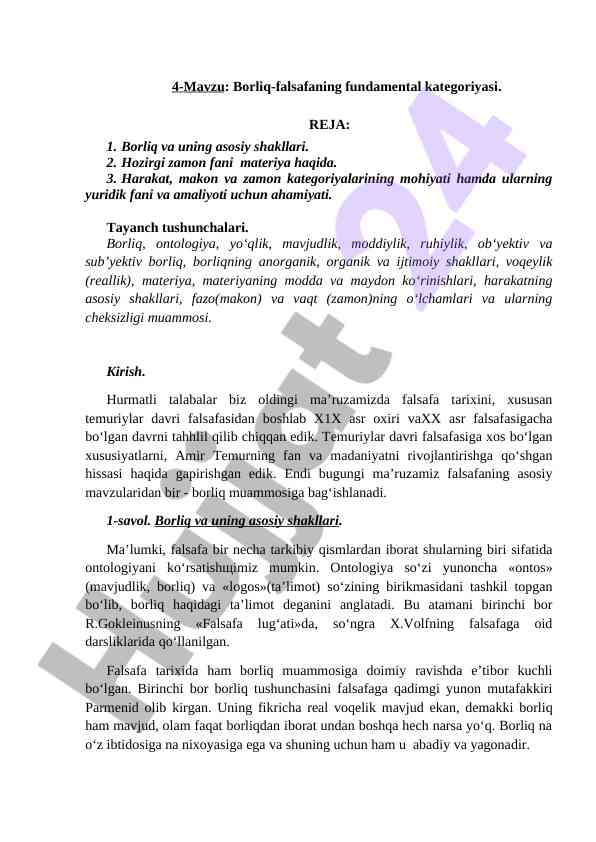 Falsafa asoslari: borliq va asosiy shakllari