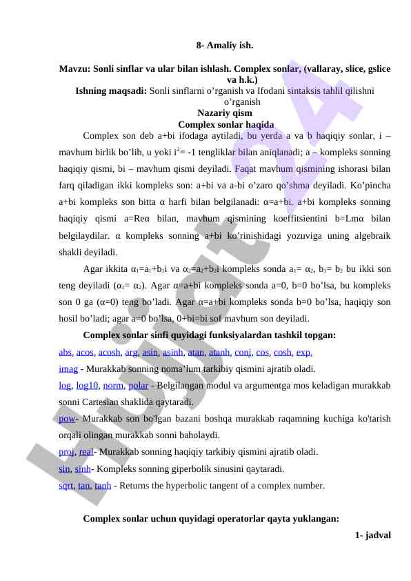 Sonli sinflar va ular bilan ishlash mavzusi