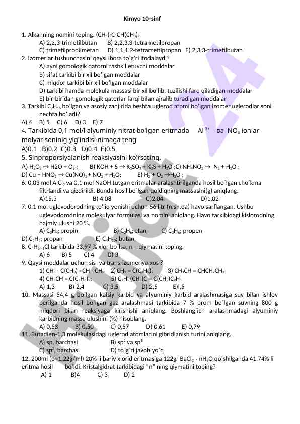 Kimyo 10-Sinf Bo'yicha Test Savollari