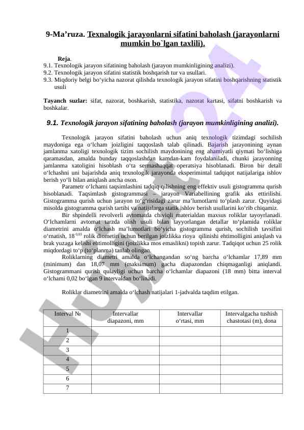 Texnologik jarayonlarni sifatini baholash