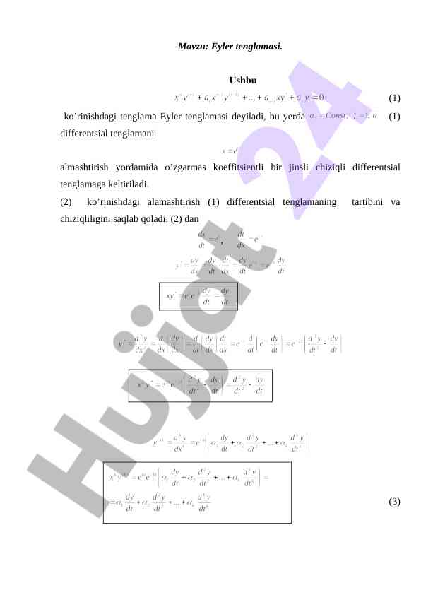Eylеr tenglamasi haqida asosiy ma'lumotlar