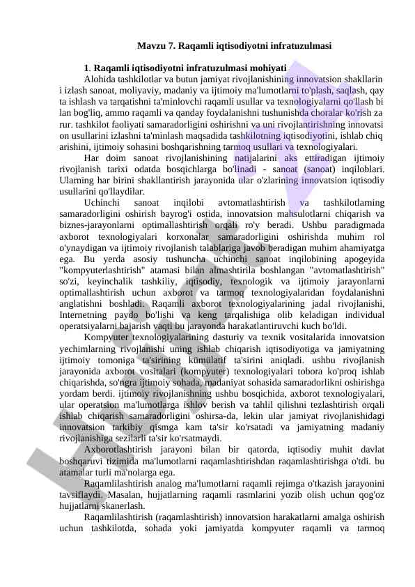 Raqamli iqtisodiyotni infratuzulmasi tahlili