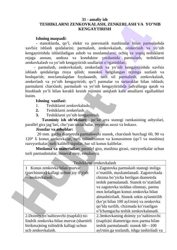 Teshiklarni zenkovkalash, zenkerlash va yo’nib kengaytirish