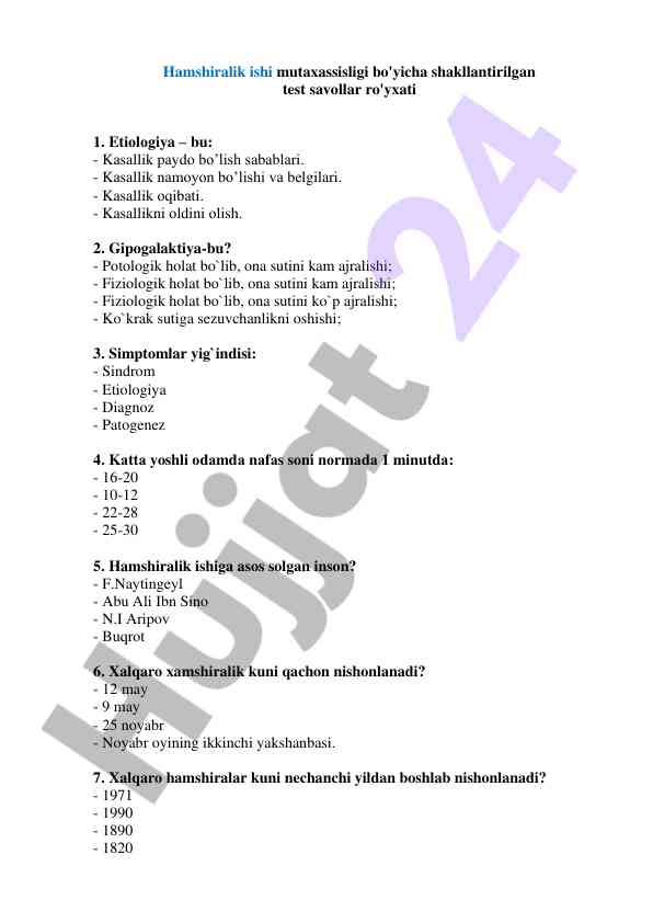Hamshiralik ishi bo'yicha test savollari ro'yxati