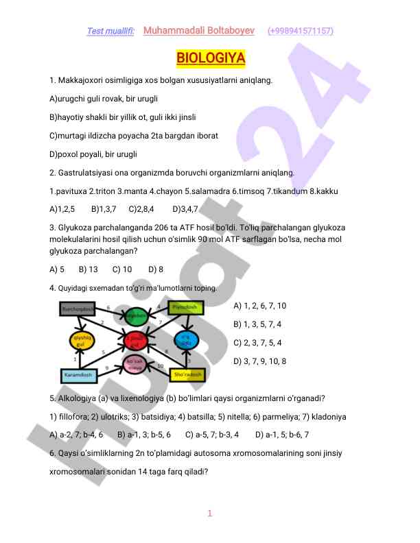 Biologiya testlari va savollar
