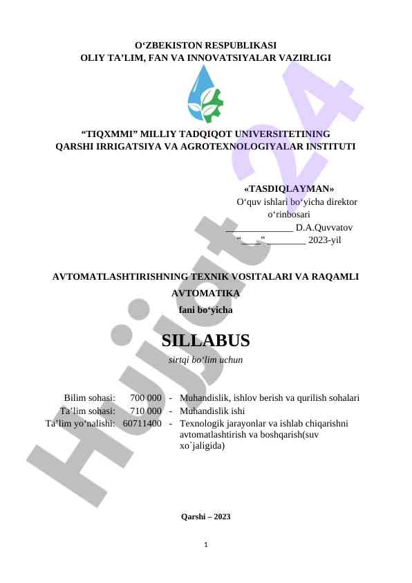 Avtomatlashtirishning texnik vositalari va raqamli avtomatika sillabusi