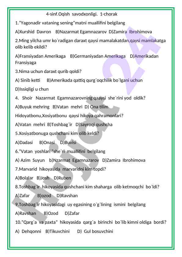 4-sinf oqish savodxonligi test savollari