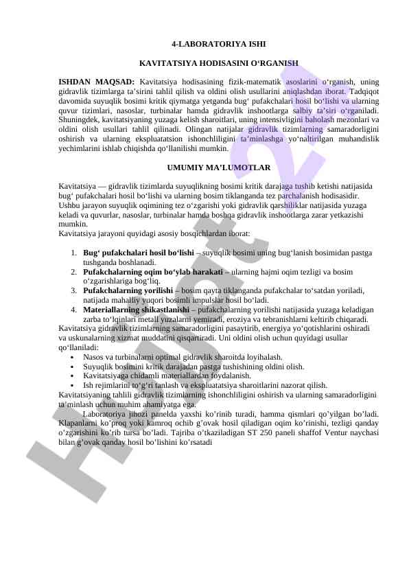 Kavitatsiya hodisasini o‘rganish laboratoriya ishlari