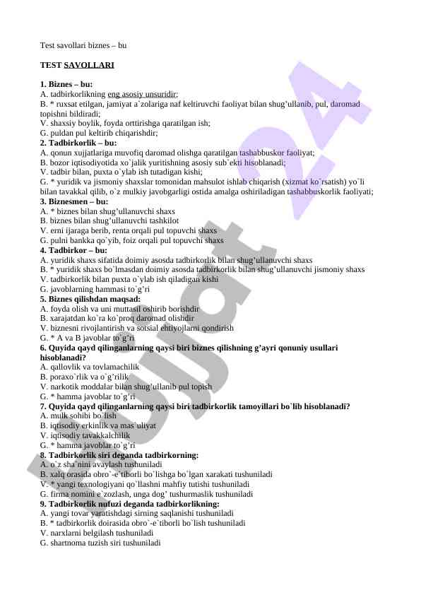 Biznes savollari taqdimoti va tavsifi