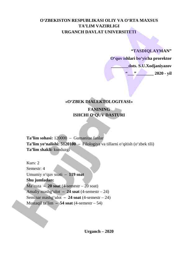 O‘zbek dialektologiyasi o‘quv dasturi 2020 yil