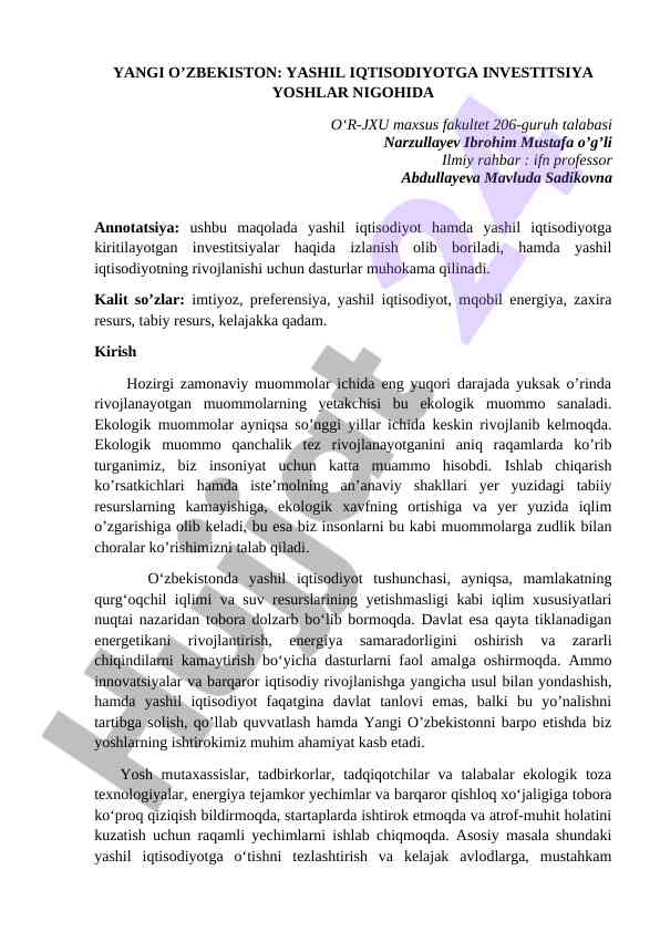 Yashil iqtisodiyotga investitsiyalar haqida maqola