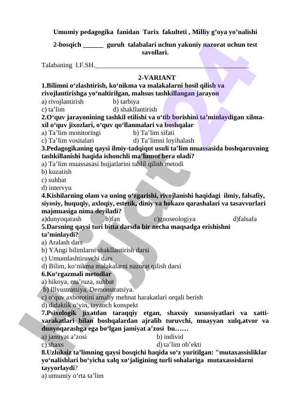 Umumiy pedagogika fanidan test savollari