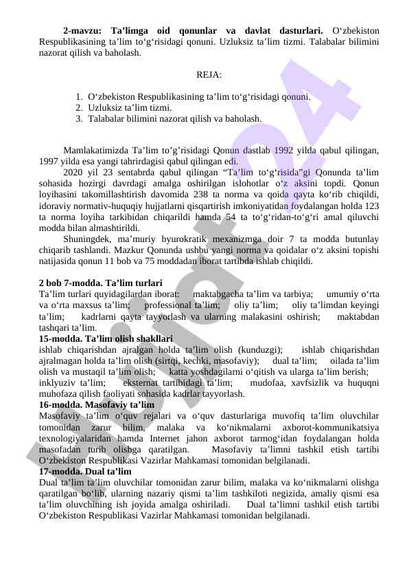 Ta’limga oid qonunlar va davlat dasturlari tahlili