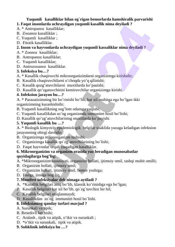 Yuqumli kasalliklar bo'yicha test savollari