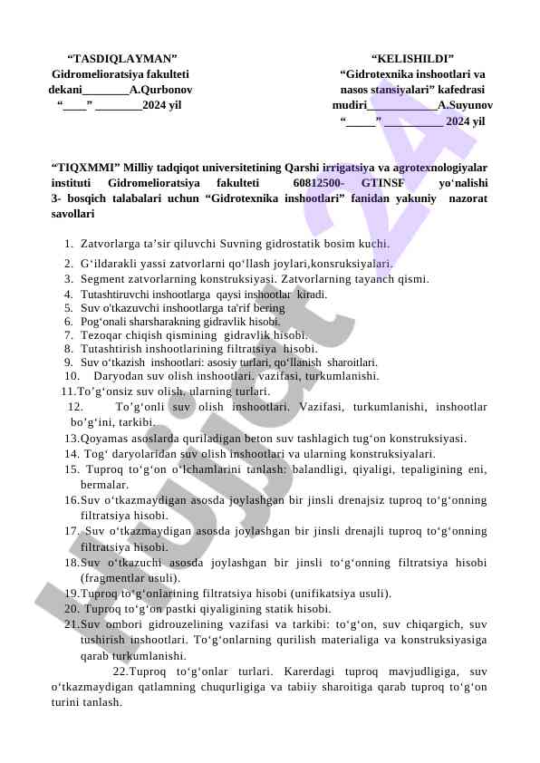 Gidrotexnika inshootlari yakuniy nazorat savollari