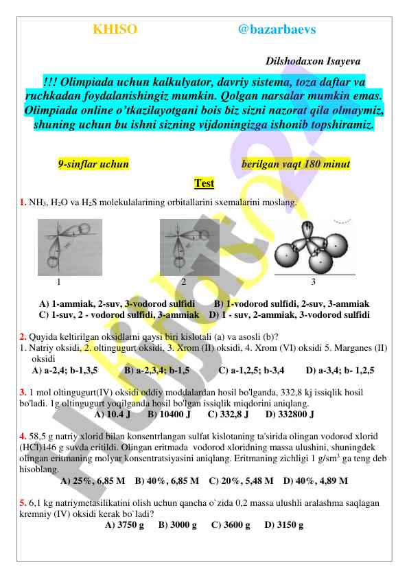 Olimpiada uchun kimyo test savollari