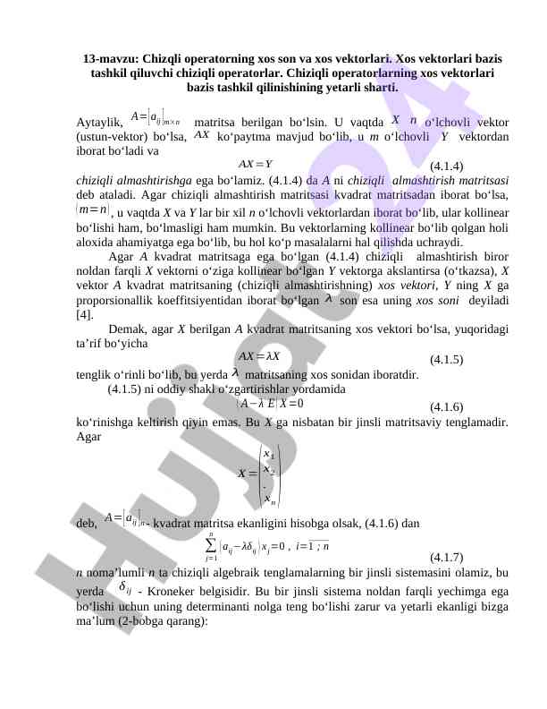 Chizqli operatorning xos son va xos vektorlari