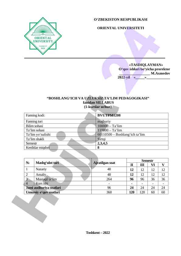 Boshlang‘ich va uzluksiz ta’lim pedagogikasi sillabus