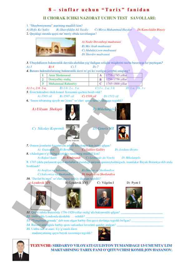 Tarix fani uchin test savollari 8-sinf