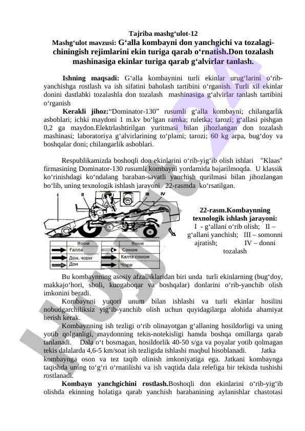 G‘alla kombayni don yanchgichi va tozalagich rejimlari