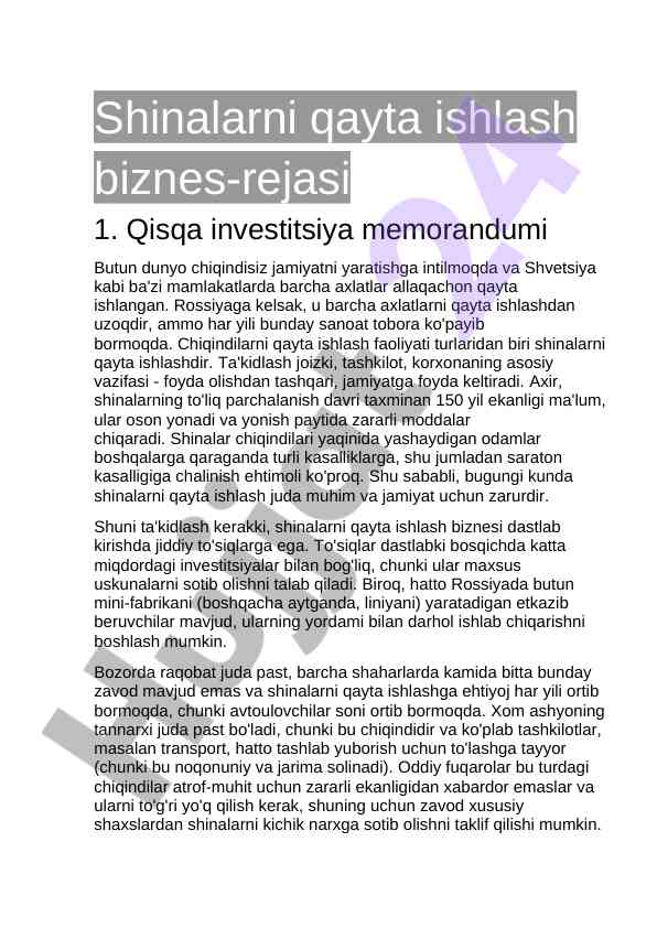 Shinalarni qayta ishlash biznes-rejasi