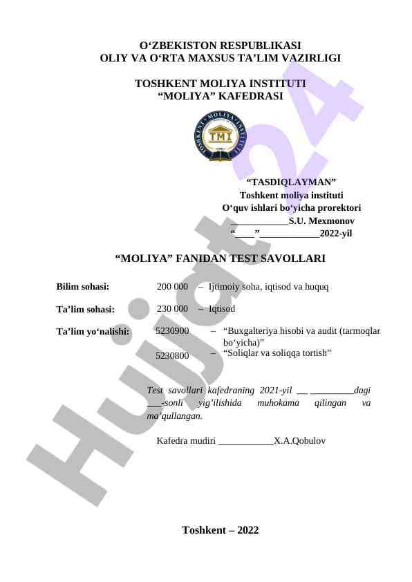 Moliya fanidan test savollari 2022 yil