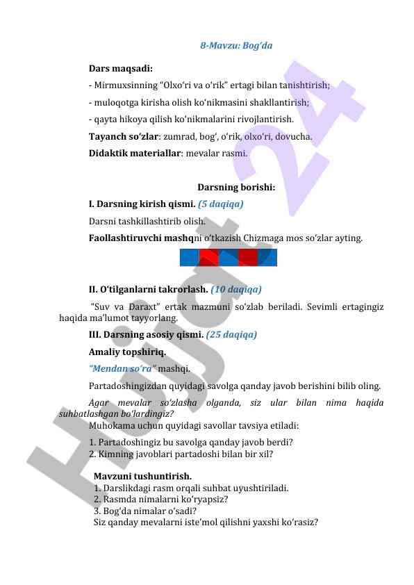 Dars ishlanmalari: olxo‘ri va o‘rik ertagi