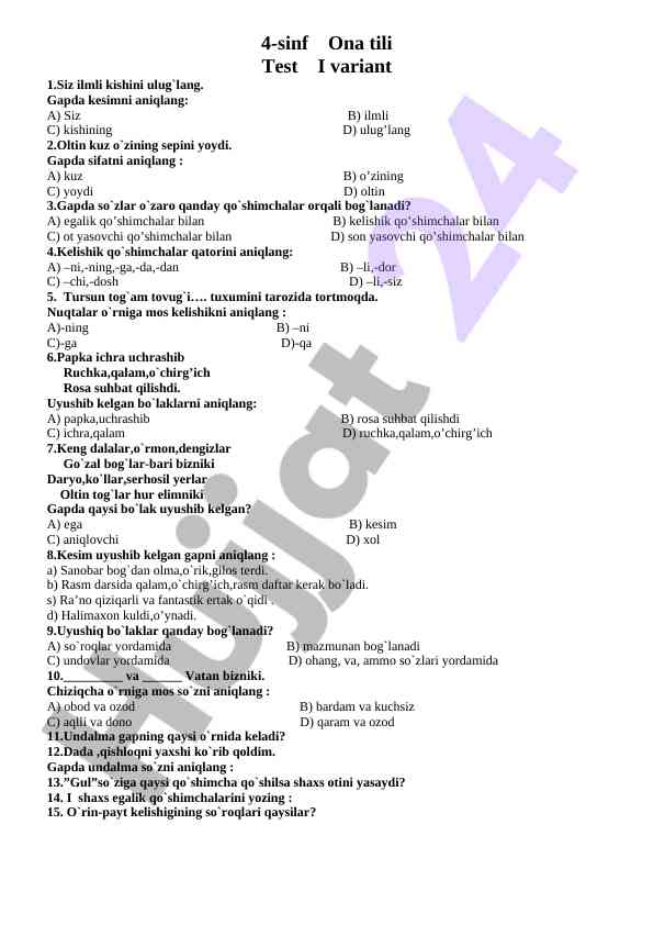 Ona tili 4-sinf test varianti 1