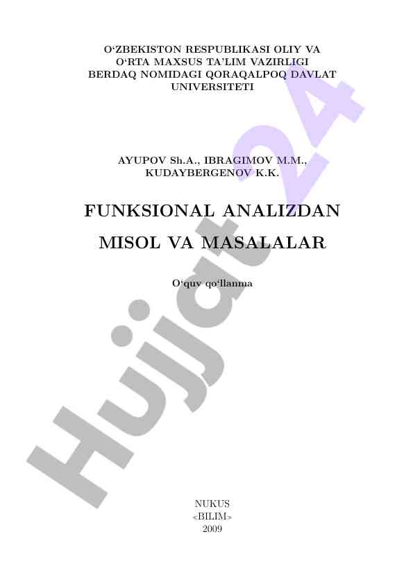 Funksional analizdan misol va masalalar o‘quv qo‘llanma