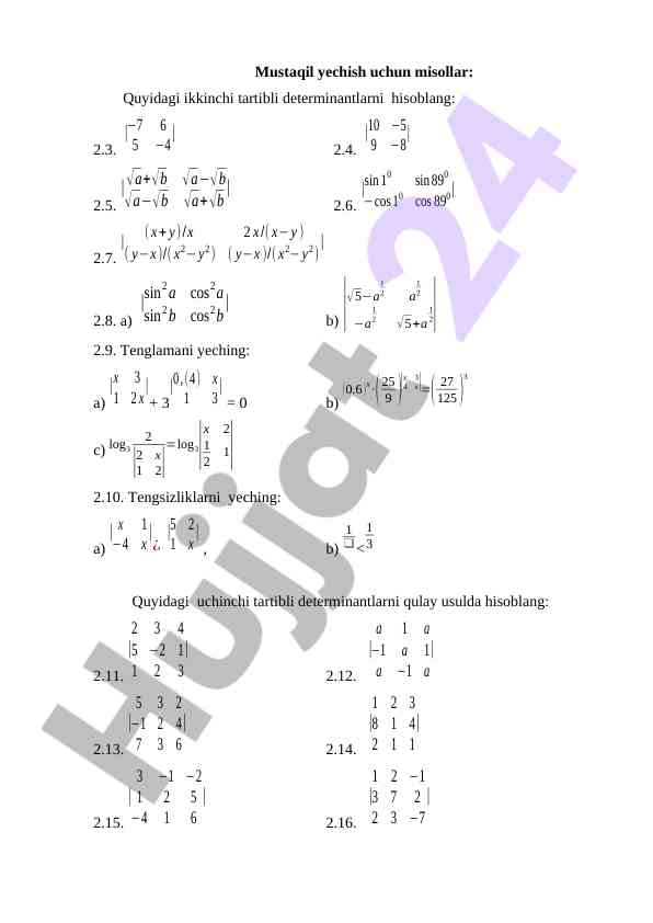 Determinantlarni hisoblash bo'yicha misollar