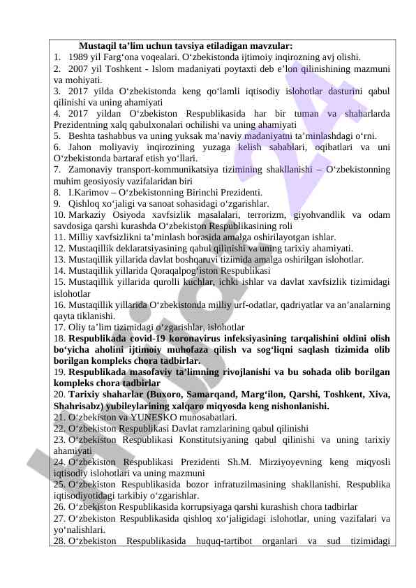 O‘zbekistonning ijtimoiy, iqtisodiy va madaniy o‘zgarishlari