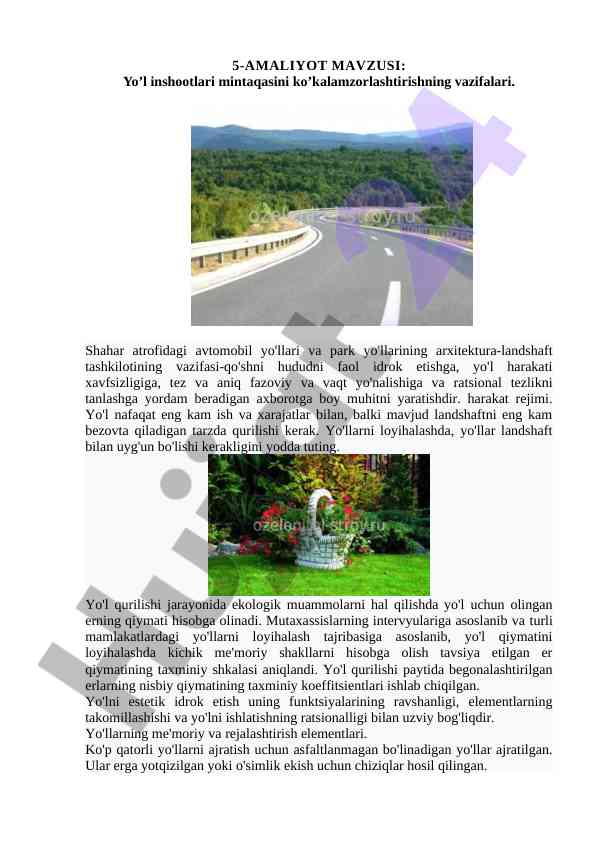 Yol inshootlari mintaqasini kokalamlash vazifalari