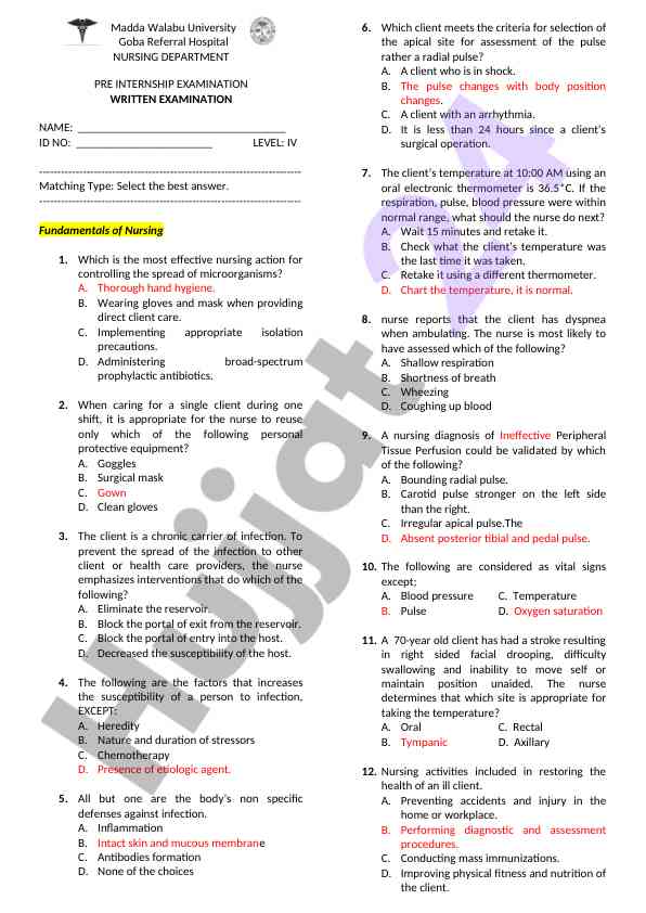 Nursing department pre internship examination