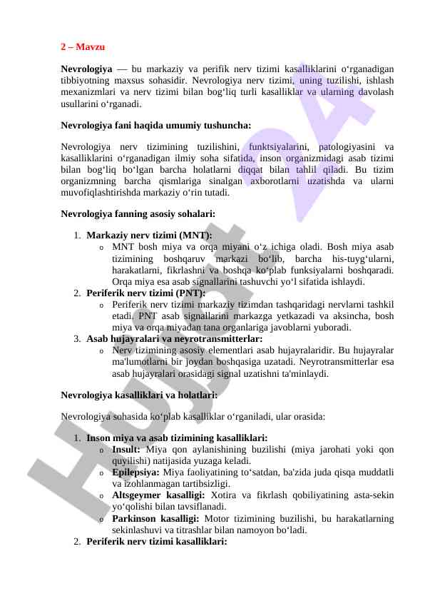 Nevrologiya tizimi va kasalliklarini o‘rganish
