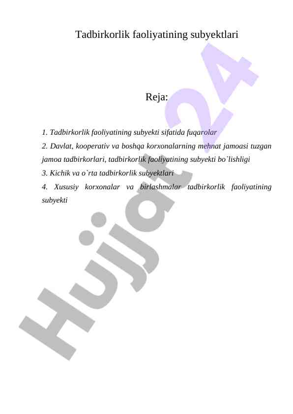 Tadbirkorlik faoliyatining subyektlari tahlili