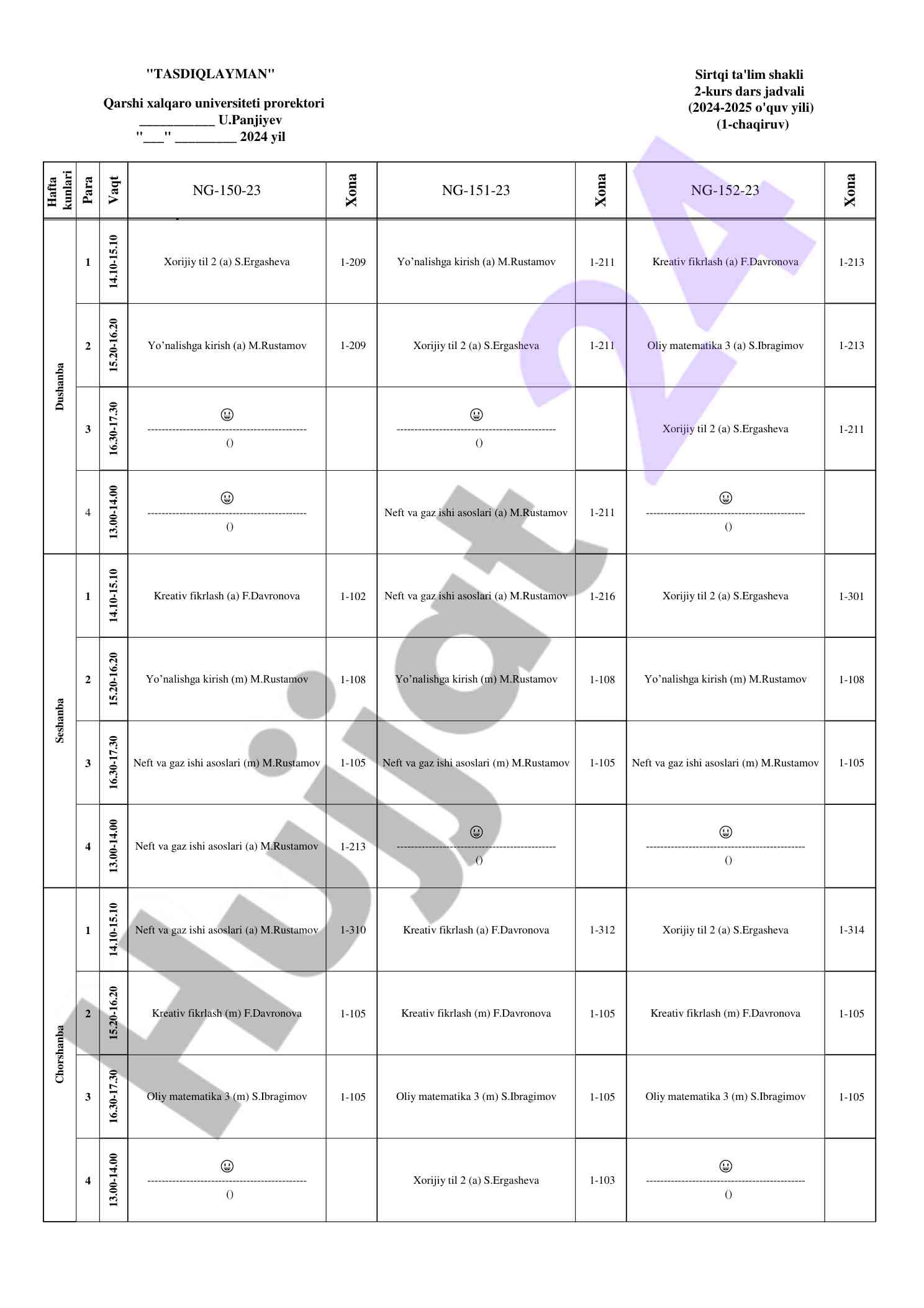2024-2025 o‘quv yili uchun dars jadvali