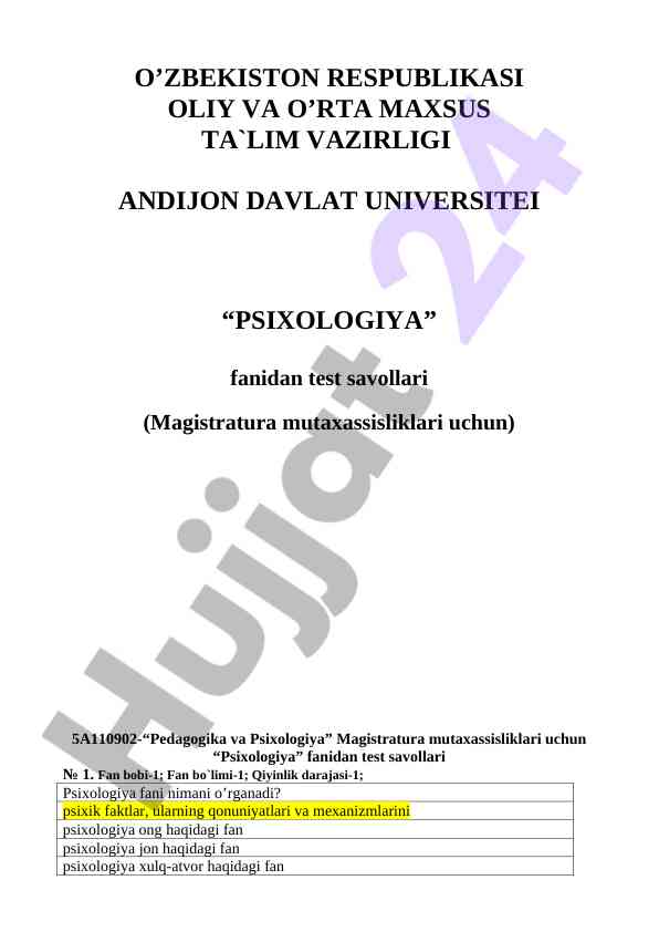 Psixologiya fanidan test savollari magistratura uchun