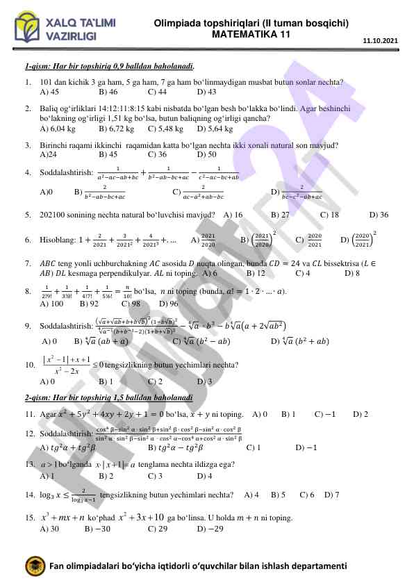 Matematika olimpiadasi ii tuman bosqichi savollari