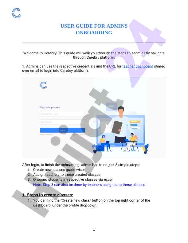 Admin onboarding guide for cerebry platform users
