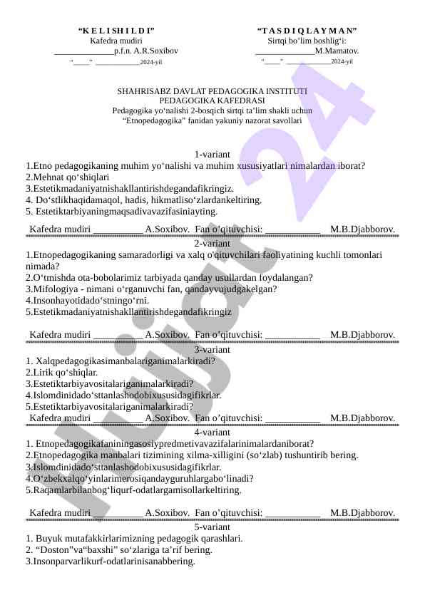 Etnopedagogika fanidan yakuniy nazorat savollari