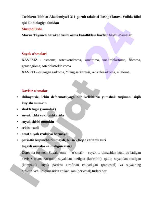 Tayanch harakat tizimi osma kasalliklari tahlili