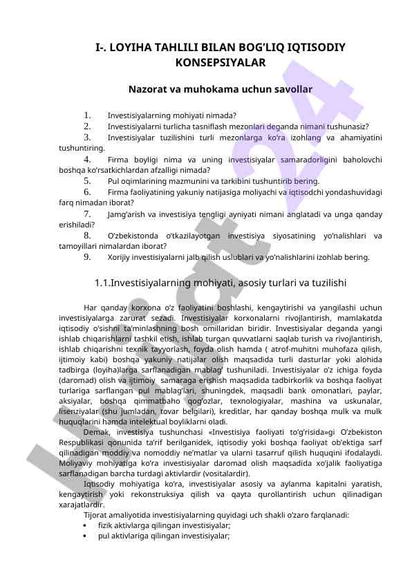 Iqtisodiy konsesiyalar va investisiya tahlili