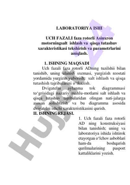 Uch fazali faza rotorli asinxron motor laboratoriya ishlari